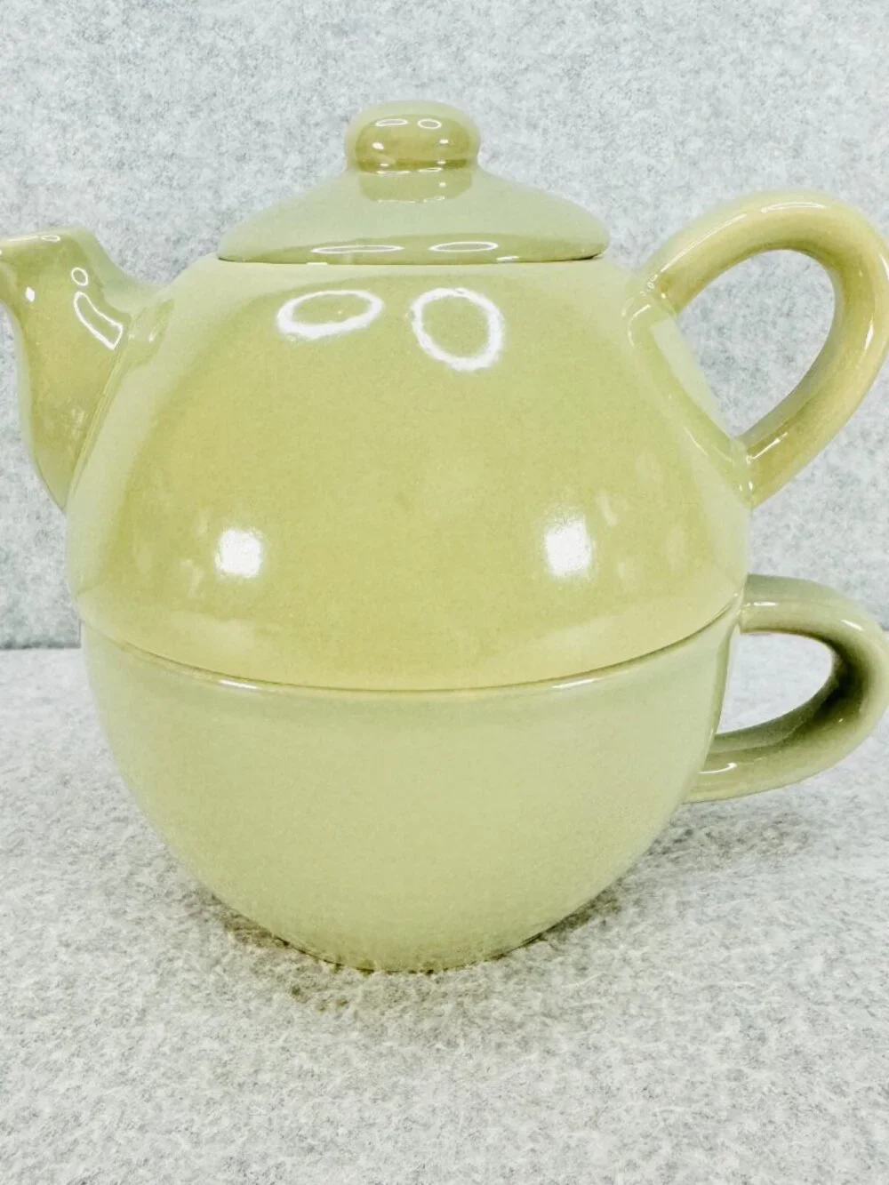 Pier 1 Tea For One Stoneware Stacking Cup and Teapot w Lid Green